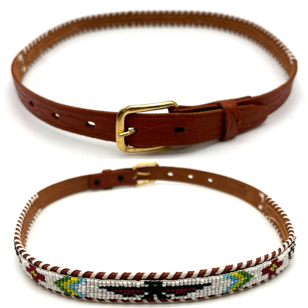 Vintage Handmade Genuine Leather Native Thunderbird Beaded Skinny Belt XS 25-29"